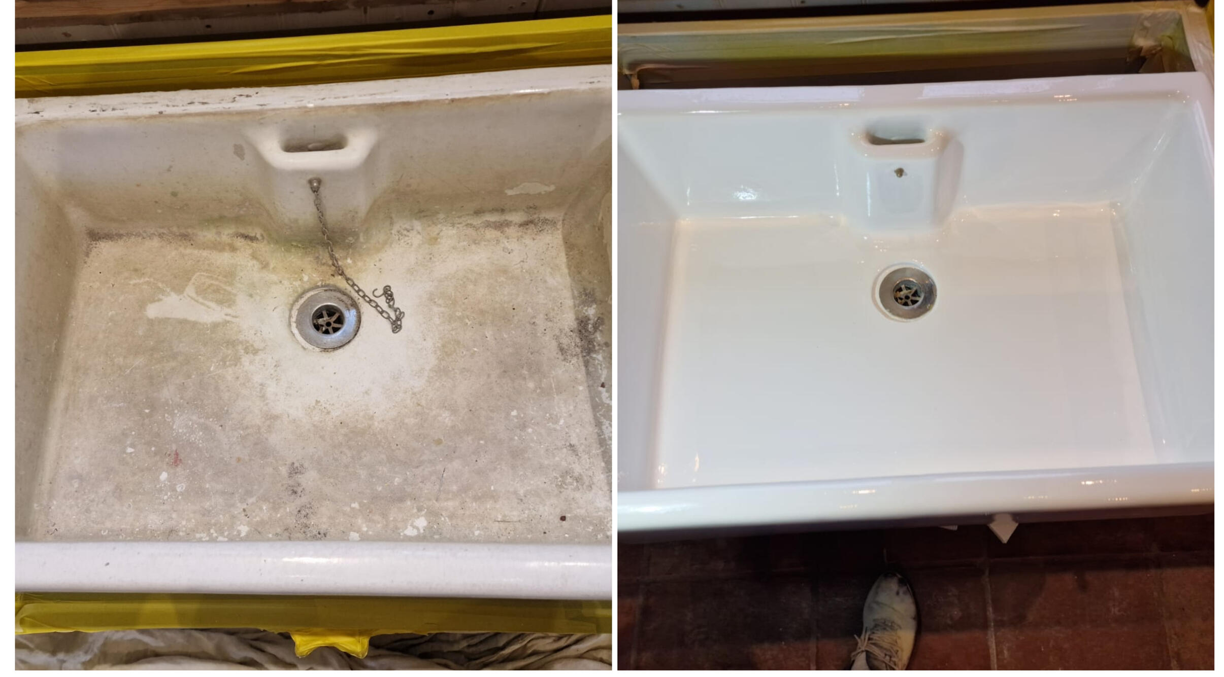 BELFAST KITCHEN SINK RESTORED IN Reading - Berkshire BEFORE AND AFTER PHOTOS OF A KITCHEN CERAMIC BELFAST SINK, WAS DAMAGED AND FULL OF CHIPS, FULLY RESORED TO A LIKE NEW FINISH IN Tilehurst