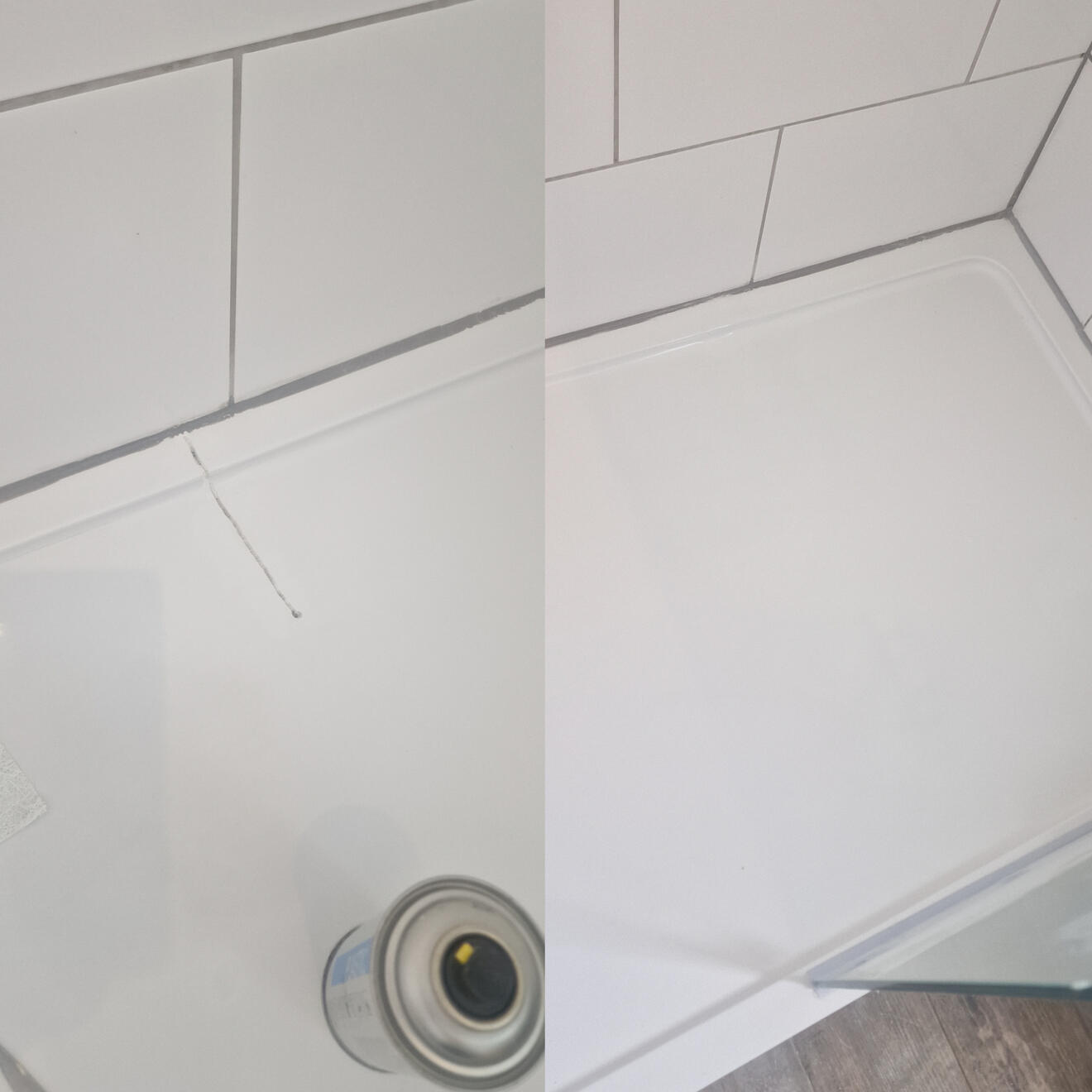Shower tray crack repair Before and after stone resin shower tray crack repair in Reading, Berkshire