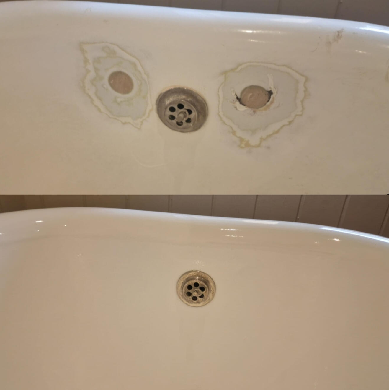 BEFORE AND AFTER PICTURES OF A CAST IRON BATH TAP HOLES FILLED AND REPAIRED Before and after cast iron bath tap holes filled and repaired in Reading, Berkshire
