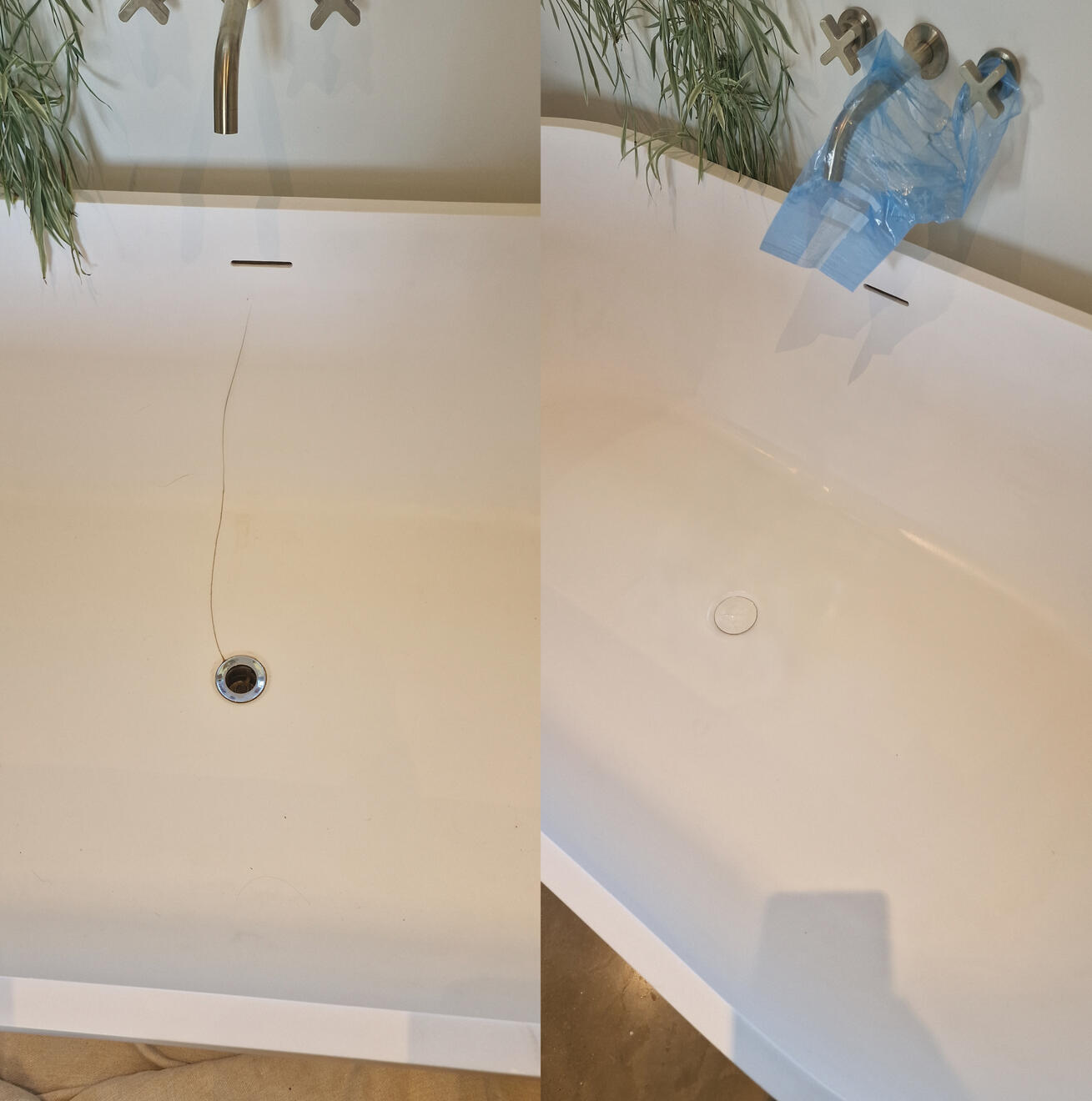 before and after pictures of a stone resin acrylic bath crack repair Reinforced stone resin bath crack repair in Reading, Berkshire