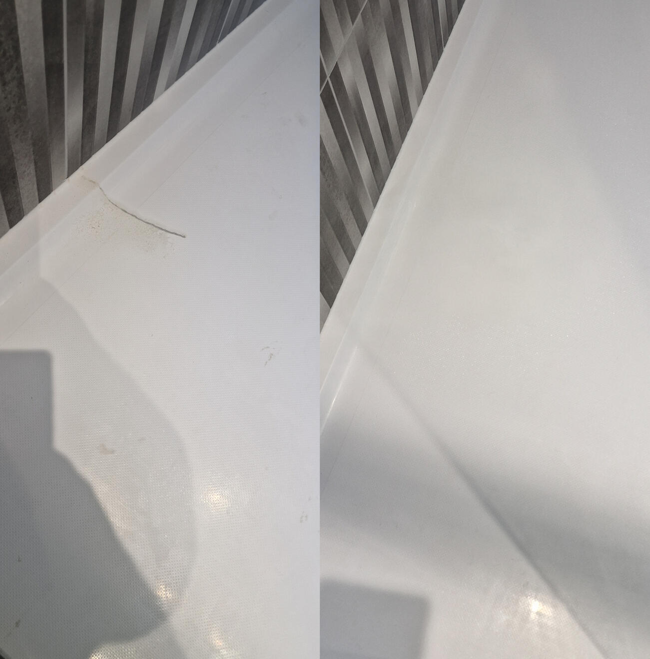 before and after pictures of a stone resin acrylic shower tray crack repair Reinforced shower tray crack repair in Reading, Berkshire
