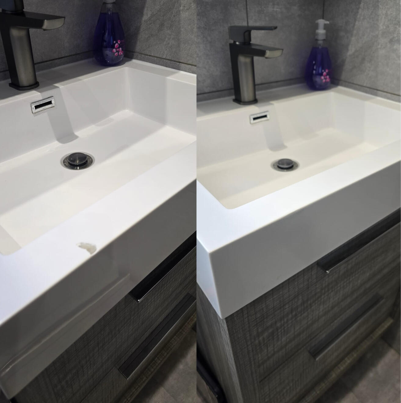 BEFORE AND AFTER PICTURES OF A COMPOSITE BATHROOM BASIN CHIP REPAIR Before and after composite bathroom basin chip repair in a Reading Airbnb property