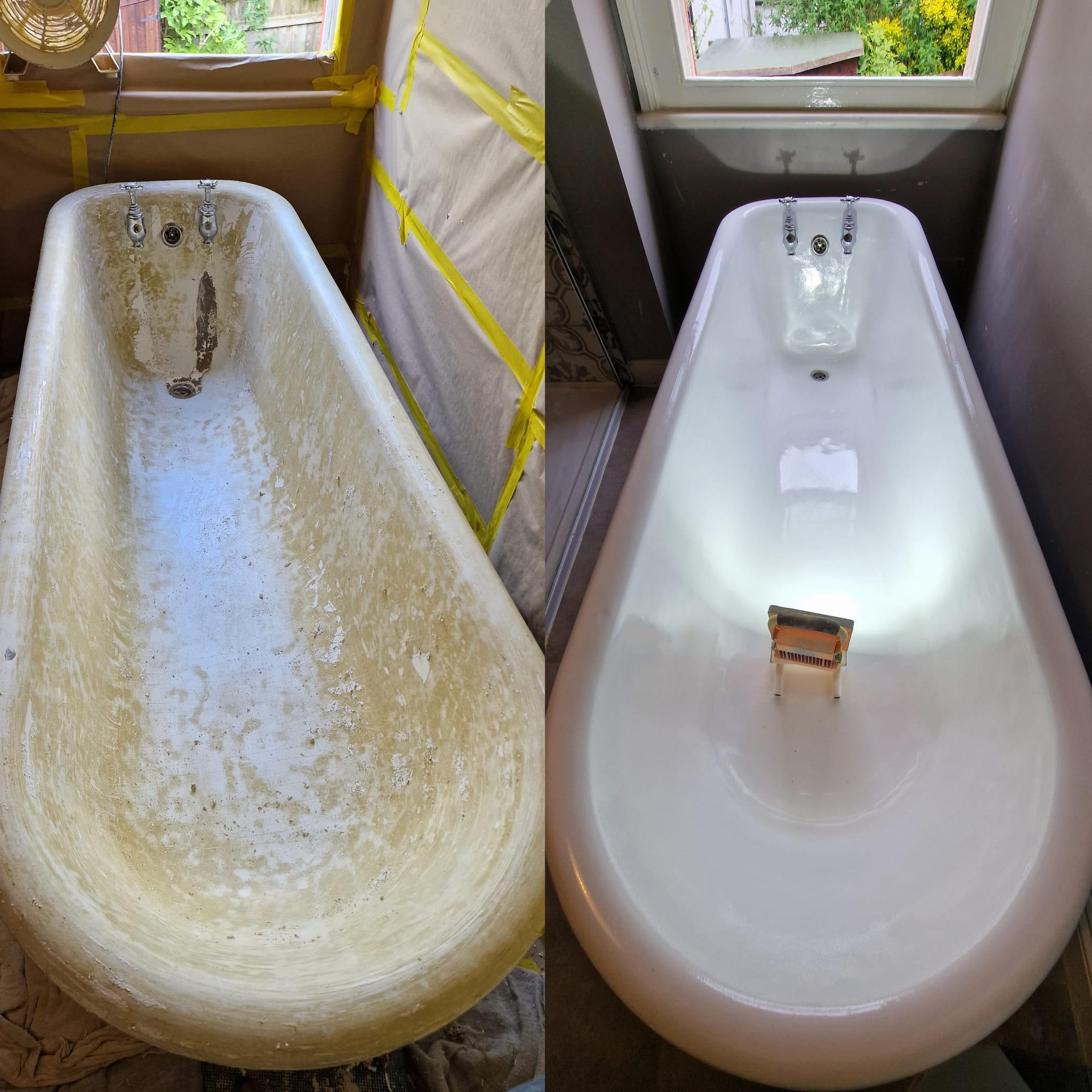 PICTURE OF A BEFORE AND AFTER OF A ROLL TOP CAST IRON BATH Before and after roll top cast iron bath re-enamelling in Reading, Berkshire